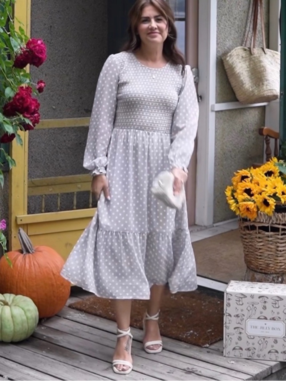 Smocked Waist Light Gray Polka Dot Midi Dress